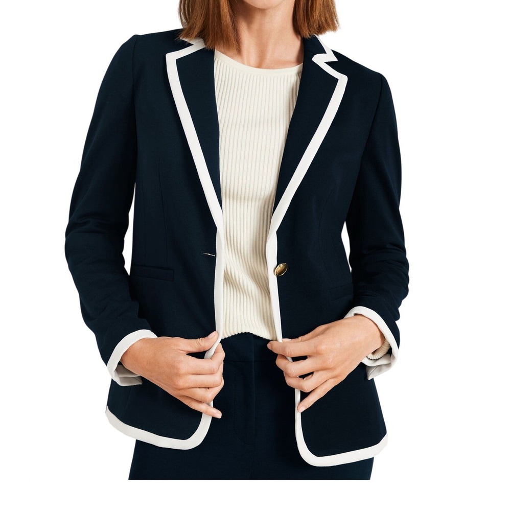 Talbots Luxe Italian Knit Banded Blazer Size 2 Dark‎ Navy Blue Nautical Preppy